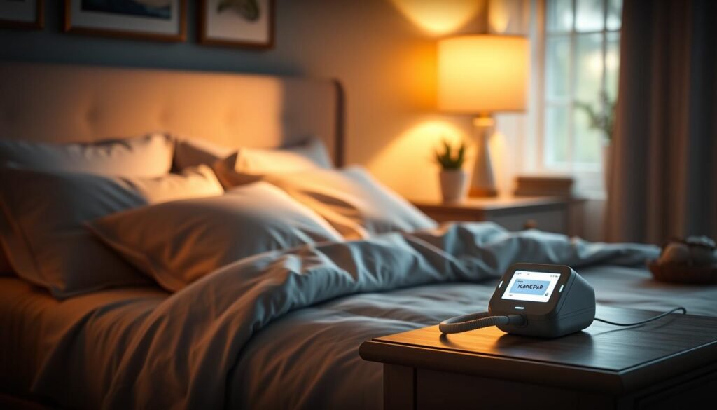 Serene sleeping environment with iCareCPAP medical device: A cozy bedroom bathed in soft, warm lighting. A comfortable bed with plush bedding and pillows, inviting a peaceful slumber. On the nightstand, an iCareCPAP device rests, its gentle glow signaling its readiness to provide optimal airflow and support for a restorative night's sleep. The room is adorned with calming, nature-inspired artwork and subtle, soothing decor, creating an atmosphere of tranquility and well-being. Subtle hints of greenery and natural textures add to the sense of balance and relaxation. The overall scene conveys a sanctuary for rejuvenation and improved sleep quality.