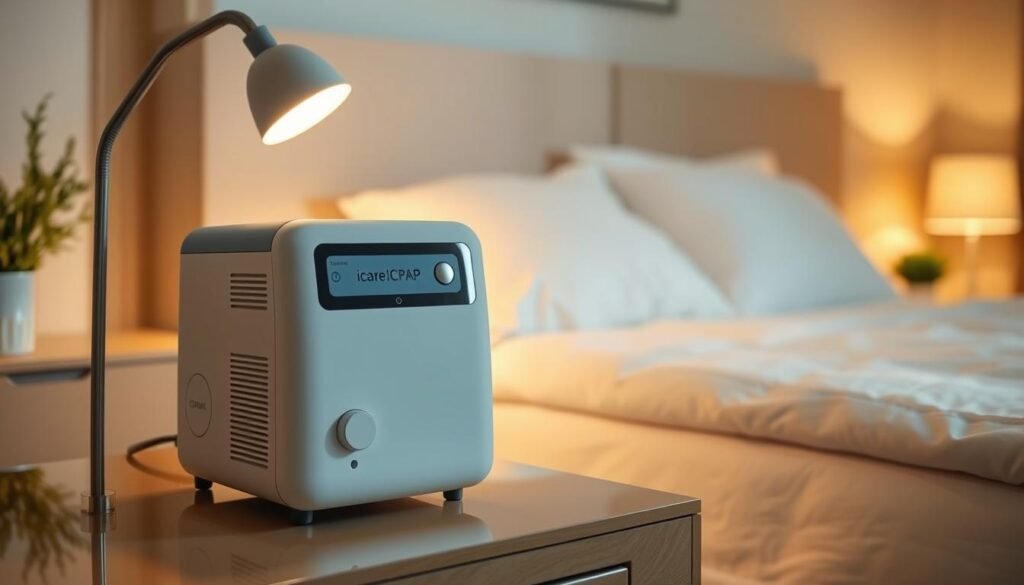 A serene bedroom scene with a sleek, modern iCareCPAP sleep apnea machine prominently displayed on a bedside table. Soft, warm lighting illuminates the machine, highlighting its clean, minimalist design. In the background, a comfortable bed with crisp, white sheets and plush pillows invites restful sleep. The room exudes a calming, tranquil atmosphere, conveying the device's ability to improve sleep quality and overall well-being. The camera angle captures the machine at an angle that emphasizes its streamlined form and intuitive controls, suggesting its user-friendly nature. The entire scene radiates a sense of peaceful, restorative sleep.