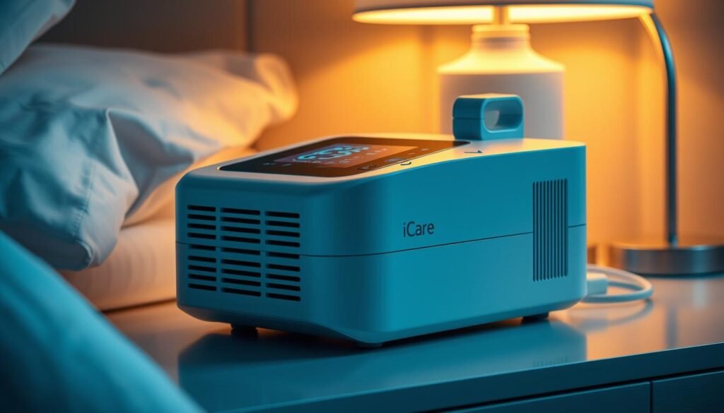 A state-of-the-art iCareCPAP sleep apnea machine resting on a sleek, modern nightstand. The device features a smooth, minimalist design with a crisp OLED display and intuitive touchscreen controls. The machine's intake and exhaust vents are strategically positioned to ensure quiet, efficient operation. Warm, indirect lighting bathes the scene in a soothing, therapeutic glow, creating a calming, meditative atmosphere. The machine is surrounded by subtle medical accents, hinting at its advanced respiratory support capabilities. The overall composition conveys a sense of modern, high-tech healthcare technology designed for comfortable, effortless use.