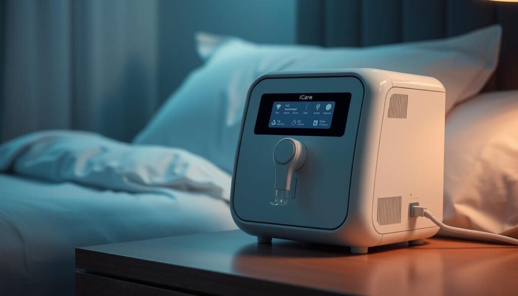 A sleek and modern medical device, the iCareCPAP sleep apnea machine sits prominently on a bedside table. The device's elegant, minimalist design features a clean white casing and intuitive control panel, reflecting its advanced, cutting-edge technology. Soft, diffused lighting illuminates the machine, creating a calming, therapeutic atmosphere. The scene conveys the machine's importance and centrality in the treatment of sleep-disordered breathing, highlighting its critical role in monitoring and managing the user's sleep quality and respiratory health.