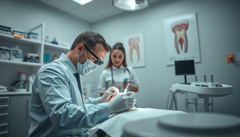 A dentist's office scene focused on the root canal treatment process. In the foreground, a dentist in professional attire carefully performs a root canal procedure on a patient seated in a dental chair, showing concentration and precision. The dentist is using modern dental tools, illuminated by soft, overhead lighting that highlights the intricate details of the dental work. In the middle, a dental assistant stands ready with tools and materials, maintaining a supportive role, while the patient appears calm and comfortable. The background features shelves stocked with dental supplies and a poster illustrating dental anatomy. The atmosphere is clean, professional, and focused on patient care. The image should have a sharp focus on the dental procedure with a blurred background for depth.