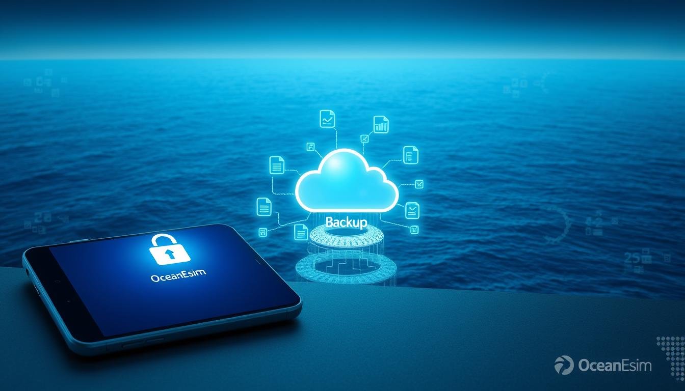 A high-tech, visually engaging illustration depicting the "OceanEsim Backup Function." In the foreground, show a sleek smartphone with the OceanEsim app interface featuring a prominent backup icon, illuminated to indicate activity. In the middle ground, visualize digital files and data flowing seamlessly from the phone into a cloud server, representing the backup process. The background should consist of a serene ocean landscape, symbolizing the connection between OceanEsim and the vastness of data storage. Utilize soft, ambient lighting to create a calm and secure mood. Capture this scene with a slight tilt-angle from above, emphasizing tech sophistication and reliability, while ensuring clarity and focus on the backup feature's representation. No text or graphics should be present in the image.