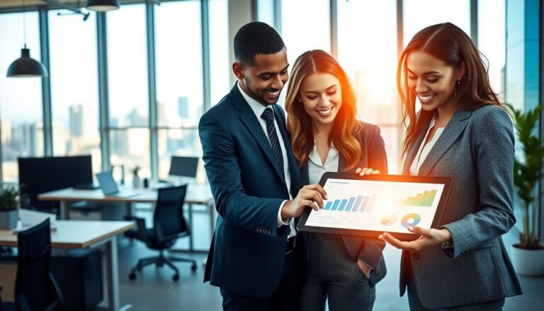 A modern office environment showcasing best practices in property management efficiency. In the foreground, a diverse group of three professionals in smart business attire collaborate over a digital tablet, displaying charts and graphs. In the middle ground, a bright, open workspace features organized desks with plants and subtle touches of modern decor. The background includes large windows revealing a city skyline, allowing natural light to flood the space, creating a warm and inviting atmosphere. The lighting is soft yet vibrant, emphasizing teamwork and innovation. Capture the scene from a slightly elevated angle to portray depth and dynamism, conveying a sense of professionalism and collaboration.