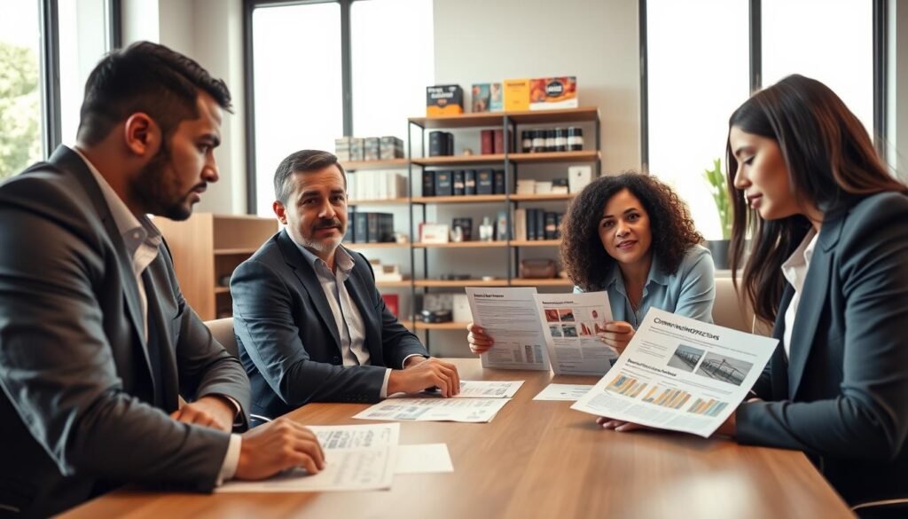 A professional setting featuring a diverse group of individuals (two men and two women) engaged in a focused discussion about adult products, emphasizing a nuanced and educational approach. In the foreground, the group is seated around a conference table, with documents and charts illustrating common misconceptions about adult products. The individuals are dressed in smart business attire, conveying professionalism and respect. In the middle background, shelves display various adult products carefully arranged, signifying a thoughtful perspective on the industry. Natural, soft lighting filters through large windows, creating a warm and inviting atmosphere. The angle is slightly above eye level, capturing the expressions of curiosity and engagement on the participants' faces. The overall mood is informative and respectful, aimed at fostering understanding.