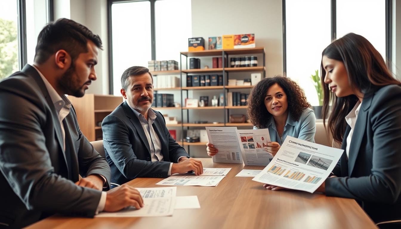 A professional setting featuring a diverse group of individuals (two men and two women) engaged in a focused discussion about adult products, emphasizing a nuanced and educational approach. In the foreground, the group is seated around a conference table, with documents and charts illustrating common misconceptions about adult products. The individuals are dressed in smart business attire, conveying professionalism and respect. In the middle background, shelves display various adult products carefully arranged, signifying a thoughtful perspective on the industry. Natural, soft lighting filters through large windows, creating a warm and inviting atmosphere. The angle is slightly above eye level, capturing the expressions of curiosity and engagement on the participants' faces. The overall mood is informative and respectful, aimed at fostering understanding.