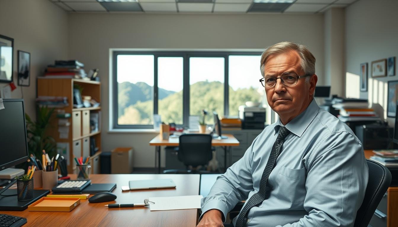 A serene office setting representing the intersection of obsessive-compulsive disorder (OCD) and mental health. In the foreground, a person in professional business attire, a middle-aged individual with a concerned expression, sits at a tidy desk, surrounded by organized tools. In the middle, a cluttered but orderly workspace symbolizing the struggle between chaos and control, with vivid colors representing anxiety and stress. The background features a calming view of nature through a window, with soft, natural lighting casting gentle shadows, creating a contrast between the inner turmoil and the peaceful outside world. The overall mood is contemplative yet hopeful, illustrating the complexities of OCD and its relationship with anxiety.
