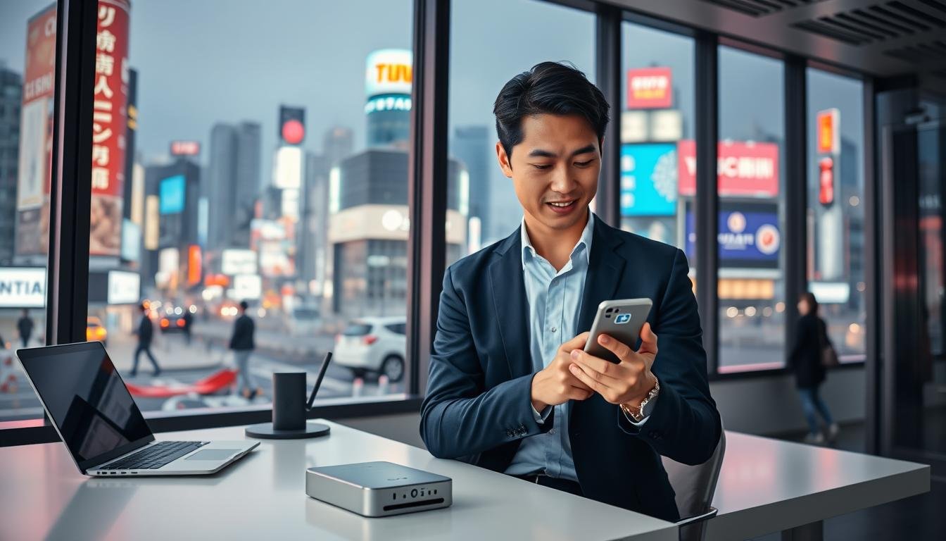 A sleek, modern setting showcasing the OceanEsim service. In the foreground, a young professional in business attire, confidently using a smartphone, highlighting the eSIM interface on the screen. The middle ground features a stylish desk with tech gadgets like a laptop and a portable Wi-Fi router, indicating efficiency and connectivity. In the background, a large window reveals a bustling Japanese cityscape with neon lights and billboards, creating a vibrant atmosphere. Soft, diffused lighting enhances the scene, evoking a sense of innovation and reliability. The composition should be dynamic, capturing the essence of low-energy yet stable technology in Japan, emphasizing OceanEsim as the ideal eSIM choice.