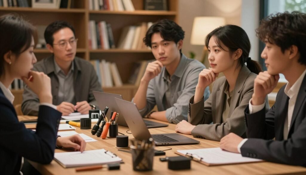 A cozy, intimate setting showcasing a sophisticated workspace. In the foreground, a well-organized table featuring various high-quality tools and accessories for enhancing personal enjoyment. Soft, warm lighting illuminates the scene, creating a cinematic atmosphere. In the middle, a diverse group of individuals, dressed in professional business attire, engage thoughtfully as they share techniques and personal insights, their expressions reflecting enthusiasm and openness. In the background, a softly blurred bookshelf filled with related literature adds depth, hinting at a wealth of knowledge. The overall tone is friendly and inviting, embodying connection and shared experience, framed in a 4:3 aspect ratio to draw the viewer into this informative moment.
