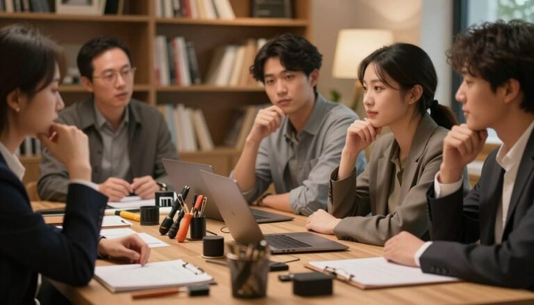 A cozy, intimate setting showcasing a sophisticated workspace. In the foreground, a well-organized table featuring various high-quality tools and accessories for enhancing personal enjoyment. Soft, warm lighting illuminates the scene, creating a cinematic atmosphere. In the middle, a diverse group of individuals, dressed in professional business attire, engage thoughtfully as they share techniques and personal insights, their expressions reflecting enthusiasm and openness. In the background, a softly blurred bookshelf filled with related literature adds depth, hinting at a wealth of knowledge. The overall tone is friendly and inviting, embodying connection and shared experience, framed in a 4:3 aspect ratio to draw the viewer into this informative moment.
