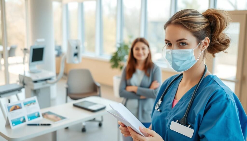 A modern outpatient medical center setting, focusing on pre-procedural examinations for patients. In the foreground, a nurse in professional scrubs is preparing medical instruments and paperwork, while a patient, dressed in modest casual clothing, looks on with a calm expression. The middle ground features a consultation area with medical equipment, charts, and informational brochures neatly displayed on a table. In the background, large windows allow natural light to flood the space, creating a bright and welcoming atmosphere. The scene is framed with a slight depth of field, emphasizing the nurse and patient while softly blurring the background. The overall mood should convey professionalism, care, and preparedness, reflecting the importance of understanding pre-treatment arrangements at a day medical center.