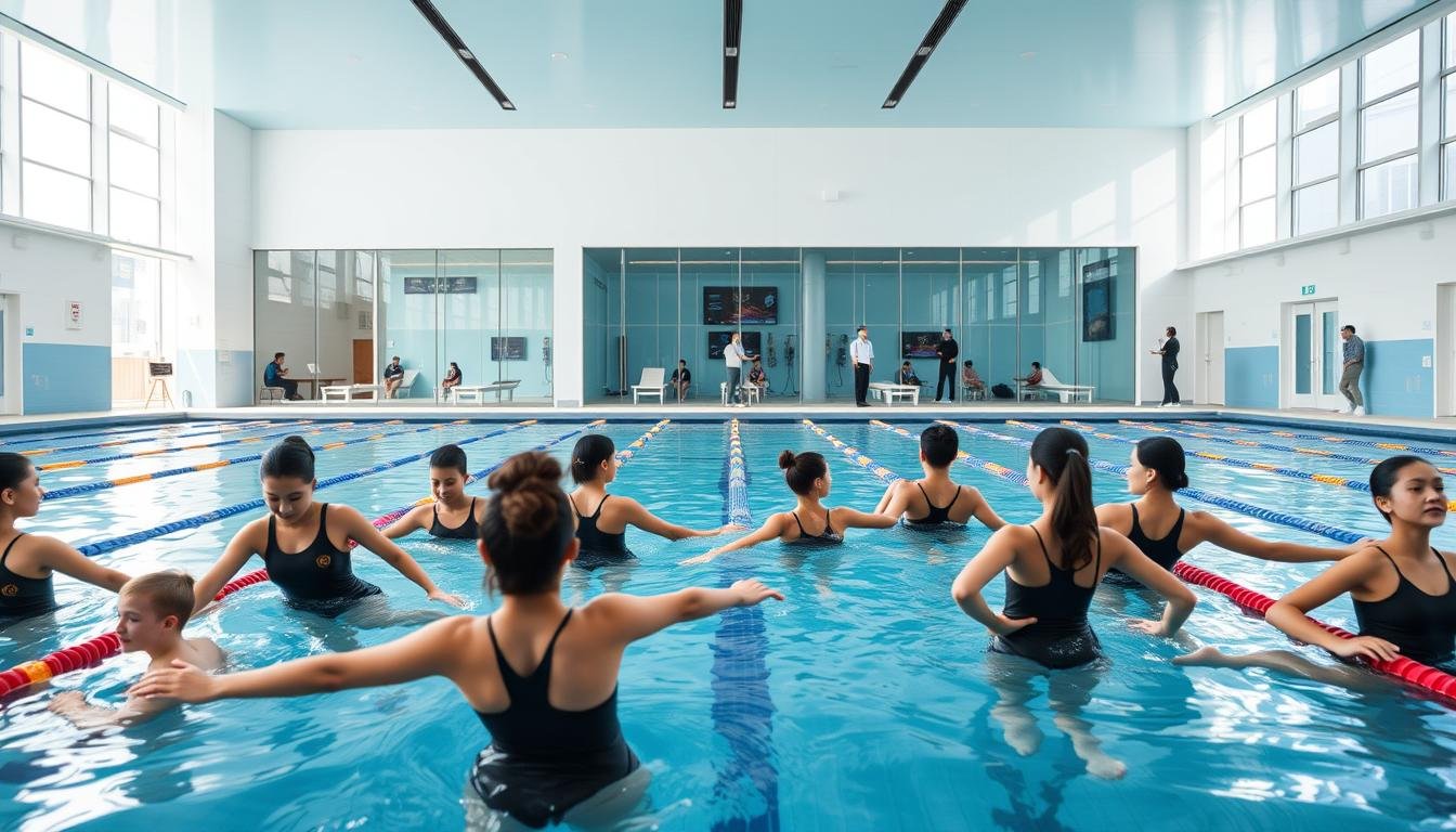 A state-of-the-art swimming facility at Ao Yang Swimming Club, showcasing modern pool amenities and training environments. Foreground features include swimmers in professional training attire, engaged in synchronized practice, with a focus on form and technique. In the middle background, sleek, glass-walled training rooms demonstrate advanced coaching technology and underwater cameras, while instructors in modest athletic clothing provide guidance. The expansive pool area is illuminated by natural light streaming through large windows, reflecting off the crystal-clear water, creating a vibrant atmosphere. The overall mood is energetic and focused, capturing a sense of professionalism and dedication to excellence in swimming training. Use a wide-angle lens to emphasize the spaciousness and modern design of the facility, highlighting the importance of such environments in competitive swimming.