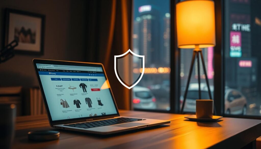 An intimate and cozy scene capturing the essence of online shopping privacy in Hong Kong. In the foreground, a carefully arranged desk features a sleek laptop with a shopping website displaying discreet product options, illuminated by warm, soft lighting that creates a welcoming atmosphere. The middle layer showcases a stylized privacy shield graphic subtly integrated into the scene, symbolizing protection and confidentiality. In the background, a blurred view of Hong Kong city life outside a window adds depth, providing a contrast between the bustling world and the tranquility of private shopping. Shot from a slight angle, the image radiates a cinematic feel, evoking feelings of comfort and security, perfect for illustrating privacy methods when purchasing personal items online.