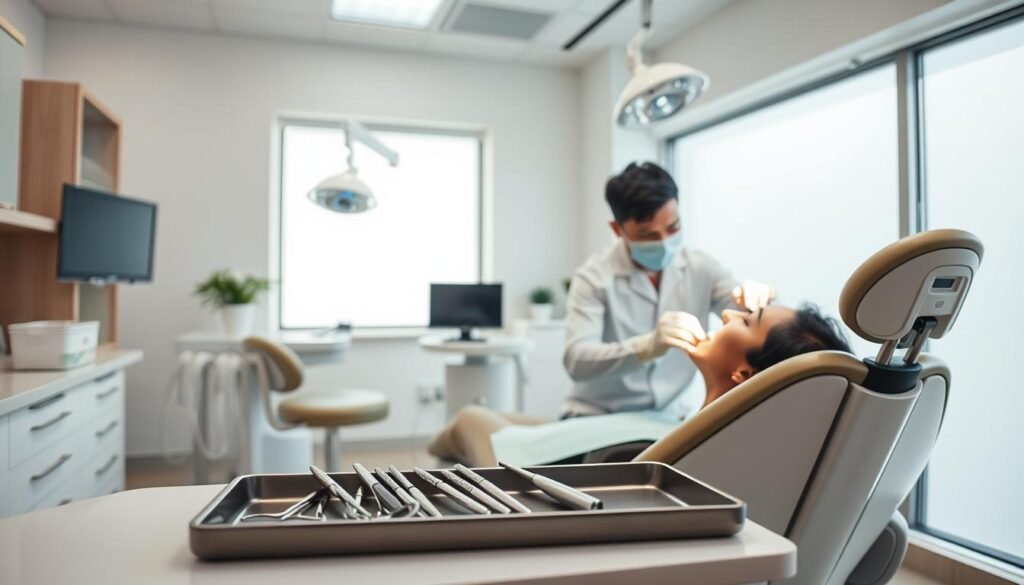 A modern dental clinic interior in Hong Kong, with sleek dental equipment and a bright, inviting atmosphere. In the foreground, a dentist in professional attire is gently examining a patient sitting in a comfortable dental chair, focusing on their teeth. In the middle, dental tools are neatly arranged on a tray, reflecting the clinic's cleanliness and attention to detail. In the background, a large window lets in soft, natural light, illuminating the space and creating a calming ambiance. The mood is serene and professional, emphasizing the importance of preventive dental care, while also showcasing the advanced technology utilized in dental services. The entire scene should feel reassuring and hygienic, inviting viewers to consider regular dental check-ups.