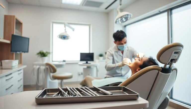 A modern dental clinic interior in Hong Kong, with sleek dental equipment and a bright, inviting atmosphere. In the foreground, a dentist in professional attire is gently examining a patient sitting in a comfortable dental chair, focusing on their teeth. In the middle, dental tools are neatly arranged on a tray, reflecting the clinic's cleanliness and attention to detail. In the background, a large window lets in soft, natural light, illuminating the space and creating a calming ambiance. The mood is serene and professional, emphasizing the importance of preventive dental care, while also showcasing the advanced technology utilized in dental services. The entire scene should feel reassuring and hygienic, inviting viewers to consider regular dental check-ups.