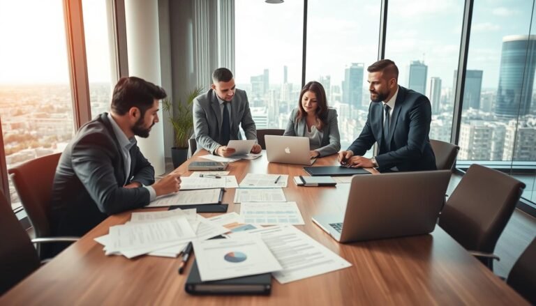 A professional office environment focused on the process of company registration and bank account opening. In the foreground, a diverse group of business professionals—two men and one woman in smart business attire—collaborate around a large conference table, reviewing documents and laptops. The middle ground features organized paperwork like application forms and checklists, along with a laptop displaying a bank website. In the background, a large window lets in natural light, highlighting a modern cityscape outside, symbolizing growth and opportunity. The atmosphere is one of collaboration and efficiency, with a bright and optimistic mood. Use soft, warm lighting to enhance the welcoming environment. The image should capture the essence of comprehensive support in administrative processes for businesses.