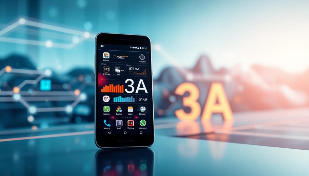 A modern, high-tech depiction of the concept of memory management in mobile applications, focusing on "3A" branding. In the foreground, a sleek smartphone displays a vibrant interface illustrating optimized memory usage, with various app icons and vibrant graphs. The middle ground features flowing visual representations of data and memory processes, almost resembling a digital network or circuitry in motion. The background showcases a lightly blurred abstract technology landscape, with a futuristic vibe signifying efficiency and speed. The lighting is bright with a slight blue hue to enhance the tech atmosphere, captured from a slightly elevated angle to provide depth. The overall mood is dynamic and innovative, emphasizing the importance of efficient memory management for smooth operation in mobile environments.