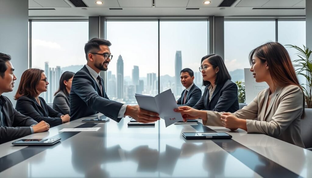 A modern office space in Hong Kong, featuring a sleek conference table with a diverse group of professionals engaged in discussion, showcasing men and women in professional business attire. The foreground highlights a close-up of hands exchanging business documents, symbolizing negotiation and partnership. In the middle ground, a large window reveals a panoramic view of Hong Kong’s iconic skyline, with skyscrapers and Victoria Harbour under bright, natural daylight, creating an inspiring atmosphere. The background includes details like a whiteboard with strategic business plans and a potted plant, adding warmth and vibrancy to the scene. The overall mood is one of collaboration, innovation, and opportunity, reflecting the advantages of establishing a company in Hong Kong.