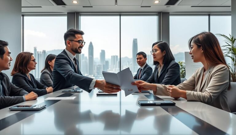 A modern office space in Hong Kong, featuring a sleek conference table with a diverse group of professionals engaged in discussion, showcasing men and women in professional business attire. The foreground highlights a close-up of hands exchanging business documents, symbolizing negotiation and partnership. In the middle ground, a large window reveals a panoramic view of Hong Kong’s iconic skyline, with skyscrapers and Victoria Harbour under bright, natural daylight, creating an inspiring atmosphere. The background includes details like a whiteboard with strategic business plans and a potted plant, adding warmth and vibrancy to the scene. The overall mood is one of collaboration, innovation, and opportunity, reflecting the advantages of establishing a company in Hong Kong.