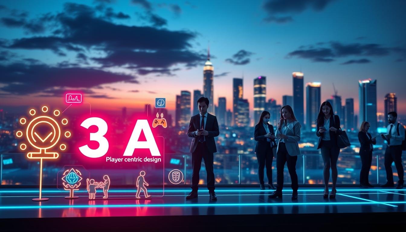 A visually striking representation of the core values of "3A" entertainment platform, featuring a modern, sleek digital landscape. In the foreground, stylized icons symbolizing innovation, community, and player-centric design, glowing under bright, vibrant colors. The middle ground showcases diverse gamers engaging with the platform, dressed in professional business attire, immersed in interactive gaming experiences. The background reveals a high-tech city skyline, bathed in soft twilight, with data streams illuminating the sky, creating an atmosphere of dynamic connectivity. The scene is well-lit, highlighting the energy and excitement of modern gaming, captured from a slightly elevated angle to provide depth and perspective. The overall mood should be inspiring and futuristic, conveying the seamless integration of technology and community within the "3A" ecosystem.