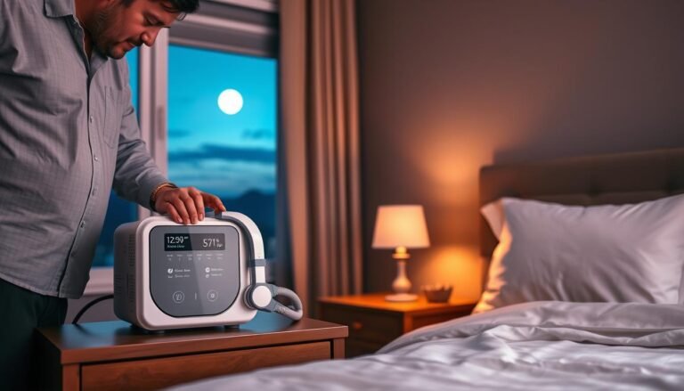A well-organized bedroom scene focusing on the correct use of a sleep apnea machine. In the foreground, a professional wearing modest casual clothing adjusts the settings on a sleek, modern CPAP machine placed on a nightstand beside a neatly made bed with soft, calming linens. The middle ground features a restful, softly lit ambiance with a warm bedside lamp illuminating the scene. A digital display on the CPAP machine shows clear settings and statistics, emphasizing its usability. In the background, a peaceful window view reveals a serene night sky with gentle moonlight filtering in, creating a tranquil atmosphere. The overall mood conveys reassurance and educative clarity, highlighting the importance of correct usage without any distractions, text, or clutter.