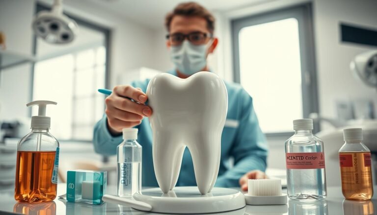 A close-up of an urban dentist's office showcasing the meticulous dental cleanliness habits associated with tooth care, particularly after a dental procedure. In the foreground, a dentist in professional attire is demonstrating proper tooth brushing techniques using a large model tooth, surrounded by an array of dental care products like mouthwash and dental floss. The middle ground features a bright, sterile dental environment with gleaming tools and a comfortable patient chair. The background shows a window with soft natural light filtering in, creating a welcoming atmosphere. The overall mood is educational and encouraging, highlighting the importance of maintaining clean dental habits post-treatment. The composition should have a warm color palette to evoke comfort and care.
