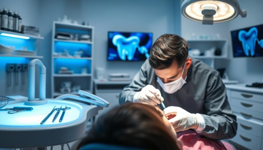 A dental clinic interior focused on a dental procedure involving a rubber dam technique. In the foreground, a dentist in professional attire is focused on a patient, demonstrating the meticulous placement of the rubber dam. The middle ground features dental instruments meticulously arranged, with a soft blue light illuminating them, creating a clean and sterile atmosphere. The background shows dental shelves stocked with tools, and a wall-mounted monitor displaying abstract dental images. The scene is well-lit, enhancing the mood of professionalism and precision. The overall atmosphere is calm and focused, emphasizing the importance of the rubber dam in achieving a higher sterility success rate during endodontic treatment.