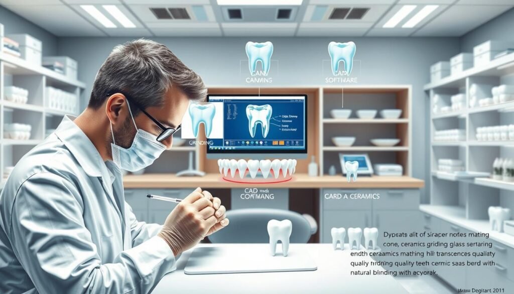 A detailed illustration depicting the process of creating all-ceramic dental crowns in a modern dental clinic setting. In the foreground, a skilled dentist in a white lab coat works meticulously on a dental crown, using precision tools and equipment. The middle ground features a clear display of various stages of the crown-making process: digital scans, CAD software design on a computer screen, and the grinding of ceramic materials. The background shows shelves lined with dental materials and equipment under bright, clinical lighting, creating a clean and professional atmosphere. The image captures a sense of expertise and innovation, emphasizing the high translucency and shade-matching quality of glass ceramics seamlessly blending with natural teeth. The overall mood is focused and professional, highlighting the art and science behind dental aesthetics.
