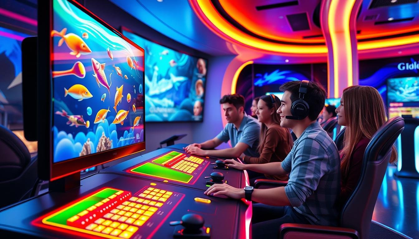 A dynamic gaming environment showcasing a high-speed internet performance scenario for a 3A entertainment platform. In the foreground, a sleek, modern gaming setup featuring a high-resolution monitor displays vibrant visuals of fish-catching games, with animated action and smooth movements as players adjust cannon multipliers. The middle layer includes a group of focused and enthusiastic gamers, dressed in casual attire, intently engaged and immersed in the experience. In the background, a futuristic gaming room with ambient lighting, smooth curves, and glowing screens reinforces the theme of cutting-edge technology and high-speed connectivity. The atmosphere is energetic and captivating, emphasizing fluid gameplay and enhanced graphics, with soft, colorful lighting casting a dynamic glow throughout the scene.