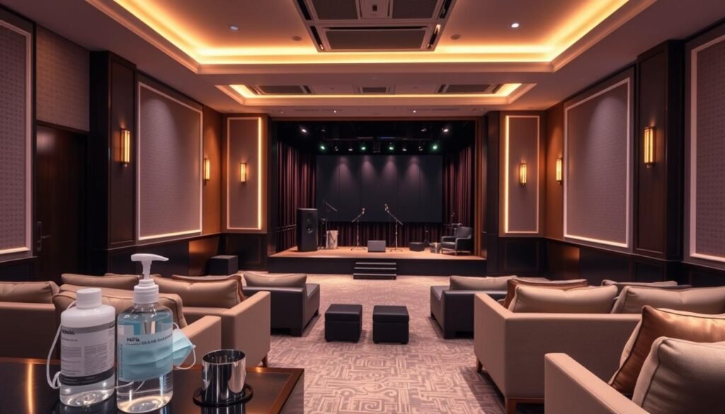 A luxurious Taipei hotel KTV room designed for comfort and cleanliness, showcasing modern decor with plush seating and soundproofing features. In the foreground, a discreetly placed sanitation station with sanitizers and masks, conveying a sense of safety. The middle ground presents a large, elegant karaoke stage with a high-definition screen and professional sound equipment, emphasizing the focus on entertaining in a sterile environment. The background features soft, ambient lighting creating a warm atmosphere, with air conditioning vents that are visibly clean, highlighting the disinfection practices. The overall scene should evoke a sense of professionalism, hygiene, and high-quality entertainment within a chic nightlife setting, while reflecting the article's focus on air quality and environmental comfort standards.