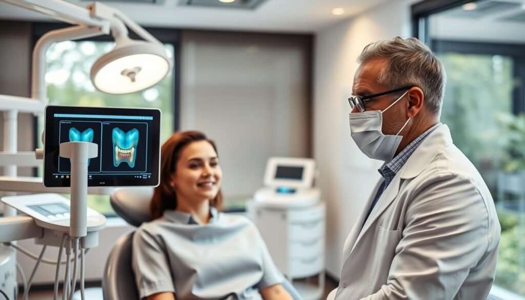 A modern dental clinic interior showcasing advanced implant technology. In the foreground, a professional-looking dentist, dressed in a white lab coat and a mask, is using a digital intraoral scanner (Itero) on a calm patient seated in a dental chair, both exhibiting expressions of comfort and assurance. In the middle ground, sleek dental equipment and a bright dentist’s light illuminate the scene, emphasizing a clean and sterile environment. The background features a large window allowing natural light to filter in, with a view of greenery outside, creating an inviting atmosphere. Soft, warm lighting enhances the professionalism, while a slight depth of field focuses on the dentist and patient. The overall mood conveys trust, innovation, and care in the dental implant process.