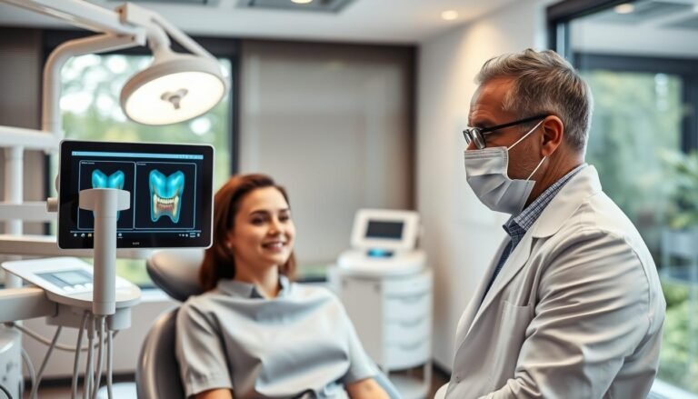 A modern dental clinic interior showcasing advanced implant technology. In the foreground, a professional-looking dentist, dressed in a white lab coat and a mask, is using a digital intraoral scanner (Itero) on a calm patient seated in a dental chair, both exhibiting expressions of comfort and assurance. In the middle ground, sleek dental equipment and a bright dentist’s light illuminate the scene, emphasizing a clean and sterile environment. The background features a large window allowing natural light to filter in, with a view of greenery outside, creating an inviting atmosphere. Soft, warm lighting enhances the professionalism, while a slight depth of field focuses on the dentist and patient. The overall mood conveys trust, innovation, and care in the dental implant process.