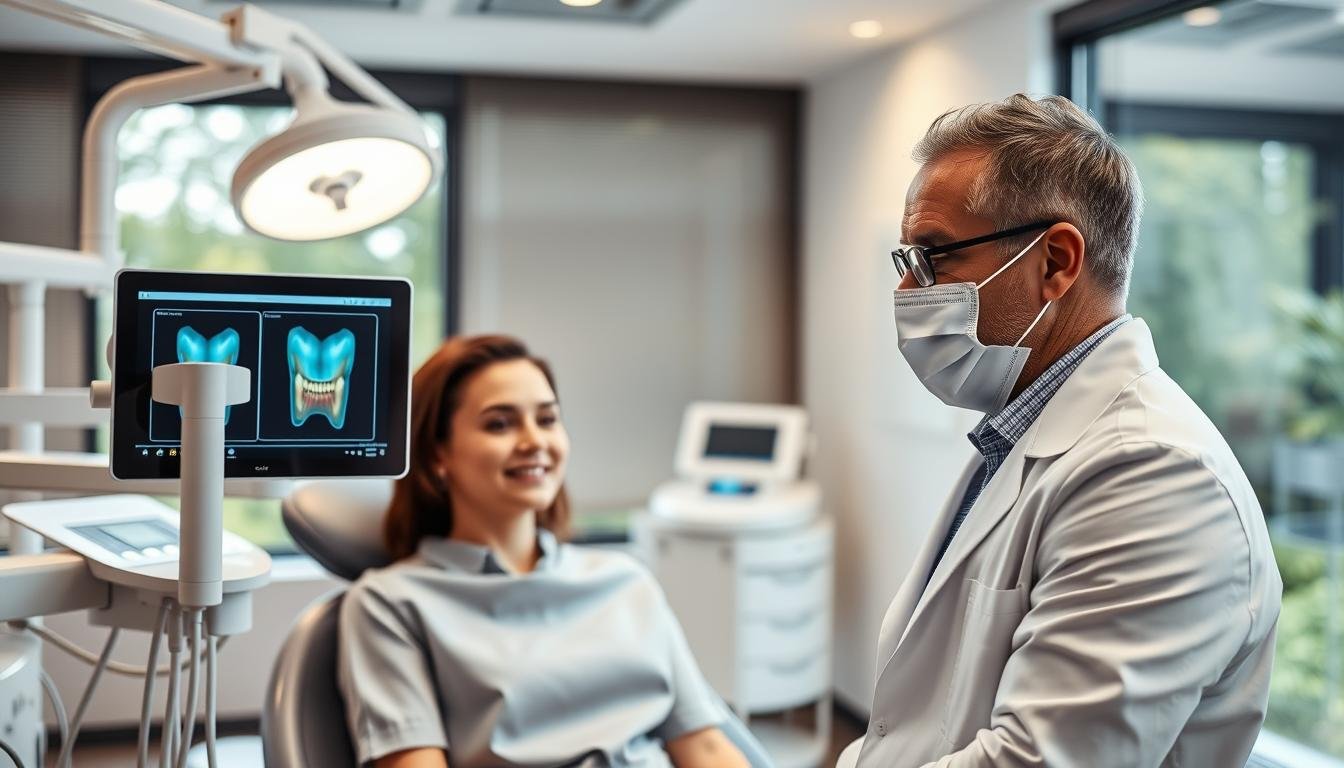 A modern dental clinic interior showcasing advanced implant technology. In the foreground, a professional-looking dentist, dressed in a white lab coat and a mask, is using a digital intraoral scanner (Itero) on a calm patient seated in a dental chair, both exhibiting expressions of comfort and assurance. In the middle ground, sleek dental equipment and a bright dentist’s light illuminate the scene, emphasizing a clean and sterile environment. The background features a large window allowing natural light to filter in, with a view of greenery outside, creating an inviting atmosphere. Soft, warm lighting enhances the professionalism, while a slight depth of field focuses on the dentist and patient. The overall mood conveys trust, innovation, and care in the dental implant process.