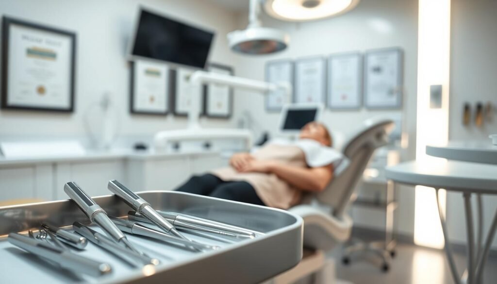 A modern dental clinic setting focused on wisdom tooth surgery, featuring a professional dentist in a clean, sterile environment. In the foreground, a close-up of a dental surgical tool tray with precision instruments gleaming under bright, clinical lighting, illustrating the meticulous nature of the procedure. In the middle ground, a dental chair with advanced equipment, showcasing a patient comfortably reclining, wearing a cozy dental bib. The background includes framed certificates on the wall and medical charts, reflecting a state-of-the-art facility. The atmosphere feels calm and reassuring, emphasizing the minimally invasive approach of modern wisdom tooth extraction, with soft, diffused lighting to create an inviting feel. The image is captured from a slightly elevated angle, enhancing the sense of professionalism and care in dental surgery.