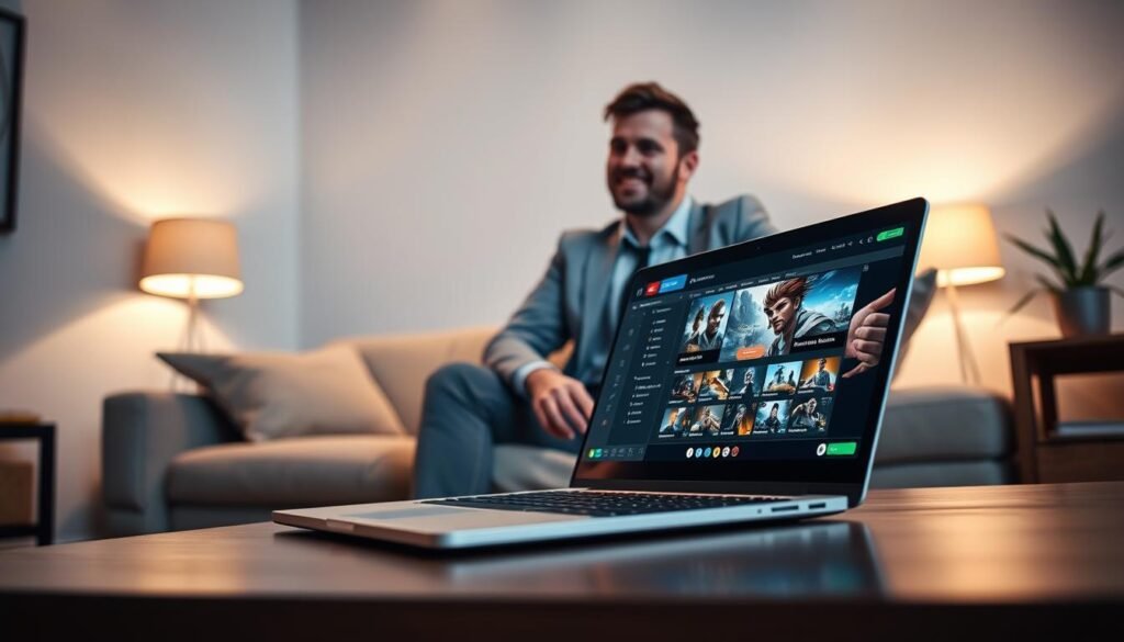 A serene and modern online entertainment hub, showcasing the convenience and advantages of a 3A gaming website. In the foreground, a sleek laptop with a glowing screen displaying a visually captivating game interface. In the middle, a casual yet professional individual, dressed in comfortable business attire, relaxed and engaged, leaning towards the laptop with a look of excitement. The background features a softly lit living room environment, with ambient lighting that creates a cozy and inviting atmosphere. Soft shadows enhance the depth of the scene, while a warm color palette promotes a sense of relaxation. Capture the essence of unwinding after a long day, where digital entertainment transitions seamlessly into moments of leisure.