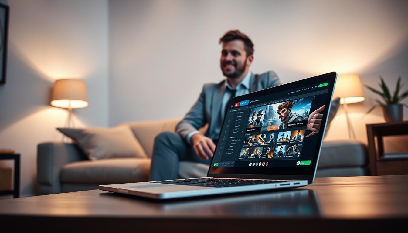 A serene and modern online entertainment hub, showcasing the convenience and advantages of a 3A gaming website. In the foreground, a sleek laptop with a glowing screen displaying a visually captivating game interface. In the middle, a casual yet professional individual, dressed in comfortable business attire, relaxed and engaged, leaning towards the laptop with a look of excitement. The background features a softly lit living room environment, with ambient lighting that creates a cozy and inviting atmosphere. Soft shadows enhance the depth of the scene, while a warm color palette promotes a sense of relaxation. Capture the essence of unwinding after a long day, where digital entertainment transitions seamlessly into moments of leisure.