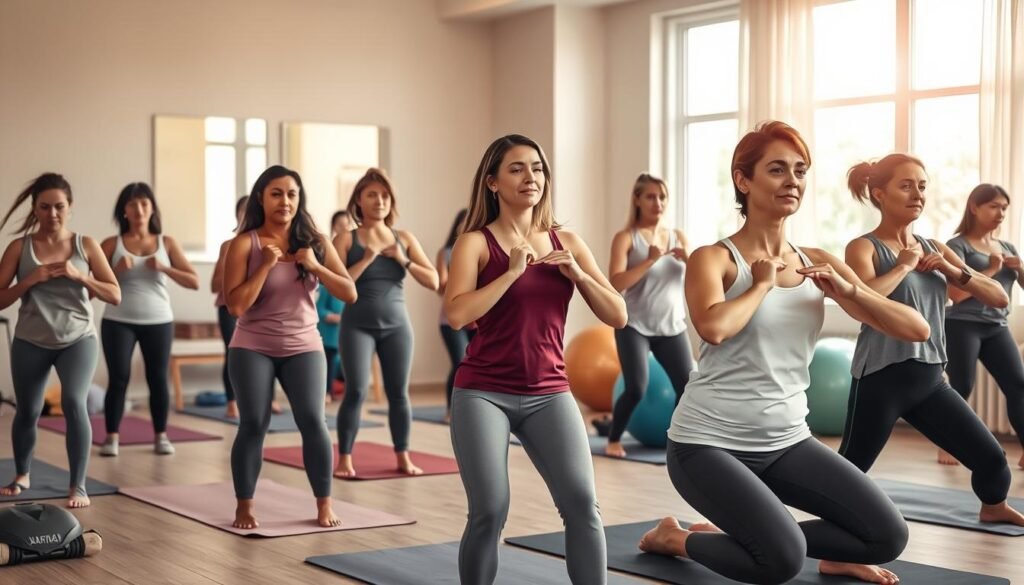 A serene and professional scene illustrating pelvic floor rehabilitation exercises. In the foreground, a diverse group of women in modest, casual athletic wear is practicing various movements indicative of pelvic floor strengthening, such as modified Kegel exercises. Each woman appears focused and engaged, with expressions of determination and tranquility. The middle ground features soft mats and exercise equipment like resistance bands and stability balls, enhancing the environment of a rehabilitation space. In the background, a warm and inviting clinic setting is visible, with calming earth tones and gentle lighting emanating from large windows, creating an atmosphere of support and healing. The overall mood is empowering and uplifting, promoting health and wellness. The image should be devoid of any text or branding.