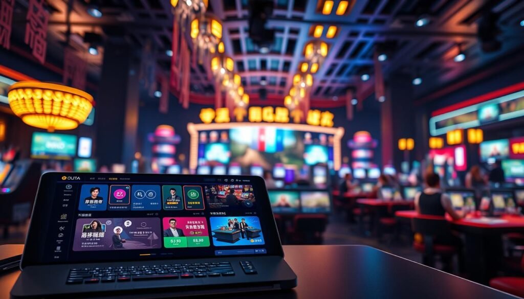 A sleek and modern interface design for a high-resolution gaming platform, showcasing the "UG娛樂城" theme. In the foreground, display a user-friendly dashboard with vibrant colors, featuring elegant buttons and smooth navigation elements. In the middle ground, include detailed sections for live video streaming, with realistic animations that convey an immersive experience. The background should be an abstract representation of a digital casino environment, glowing with ambient lighting to enhance the atmosphere. Use soft, dynamic lighting that emphasizes clarity and richness, capturing the high-definition quality suitable for 4K screens. The perspective should be slightly angled, emphasizing depth and engagement, creating a professional yet inviting mood for users.