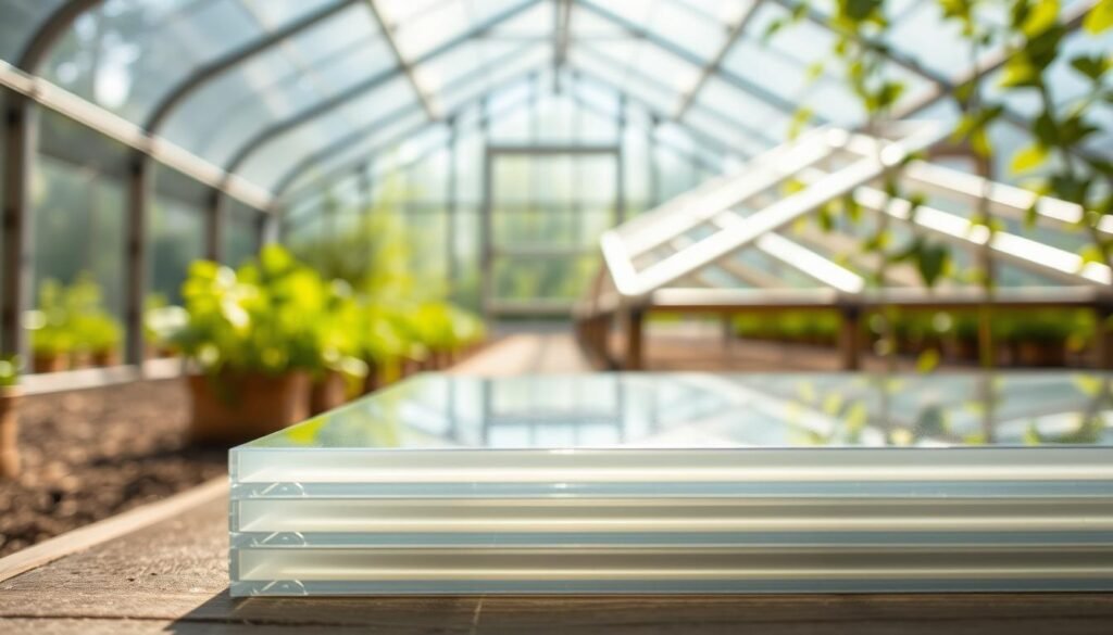 A close-up view of flat polycarbonate sheets designed for greenhouse glazing, showcasing their clarity and flexibility. The foreground features several sheets stacked slightly angled to highlight their smooth surface and light transmission properties. In the middle ground, a partially assembled greenhouse reveals structural components alongside the polycarbonate sheets, emphasizing their practical application. The background includes soft-focus greenery with sunlight filtering through the sheets, creating a warm and inviting atmosphere. Lighting is bright yet diffused, creating gentle reflections on the polycarbonate surfaces. Captured with a wide-angle lens at eye level, the image conveys a sense of innovation and functionality, ideal for illustrating their use in managing thermal movement.