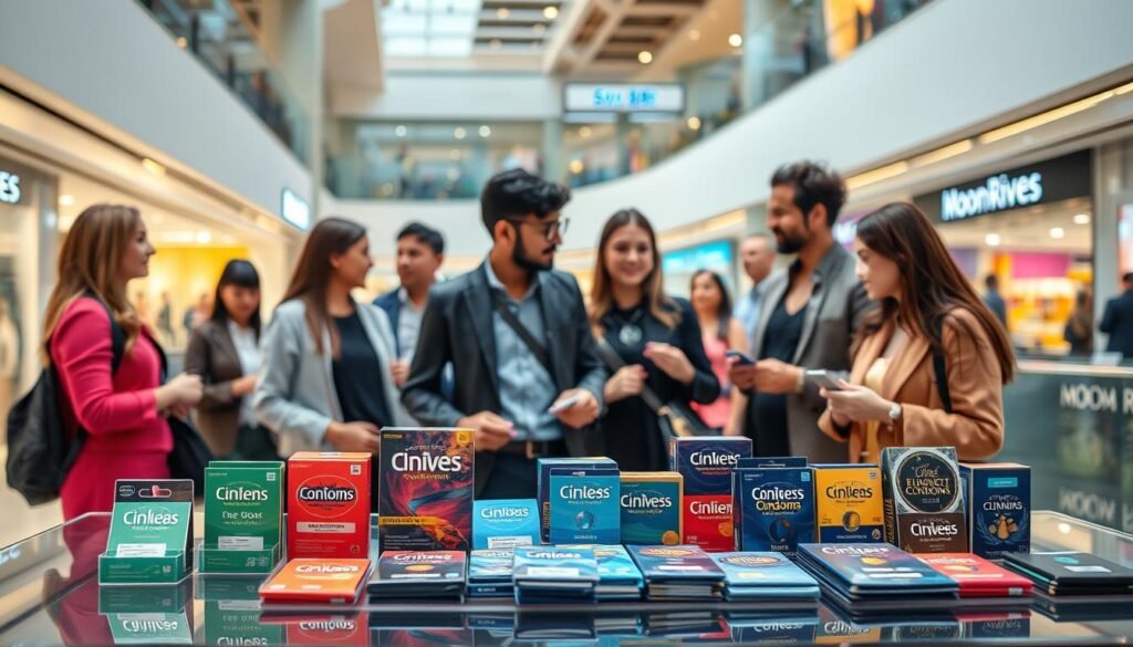 A vibrant and engaging scene showcasing the evaluation of the thinnest condoms at Moon River Mall. In the foreground, a stylish display table features various brands of condoms elegantly arranged, each package showcasing unique designs and labeling. The middle ground highlights a diverse group of satisfied customers, casually dressed in smart casual attire, engaged in conversation about their experiences while examining the products. The background features the mall's modern architecture, with soft lighting highlighting the atmosphere of a vibrant shopping experience. The image captures a feeling of curiosity and exploration, inviting viewers to a thoughtful comparison of condom brands in a public setting, with clean lines, bright colors, and a sense of community. Aim for a well-composed shot with a slightly angled perspective to create depth.