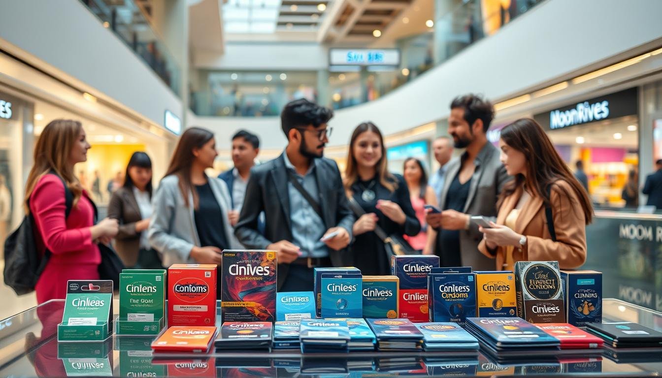 A vibrant and engaging scene showcasing the evaluation of the thinnest condoms at Moon River Mall. In the foreground, a stylish display table features various brands of condoms elegantly arranged, each package showcasing unique designs and labeling. The middle ground highlights a diverse group of satisfied customers, casually dressed in smart casual attire, engaged in conversation about their experiences while examining the products. The background features the mall's modern architecture, with soft lighting highlighting the atmosphere of a vibrant shopping experience. The image captures a feeling of curiosity and exploration, inviting viewers to a thoughtful comparison of condom brands in a public setting, with clean lines, bright colors, and a sense of community. Aim for a well-composed shot with a slightly angled perspective to create depth.