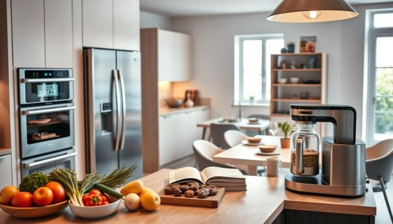 A modern kitchen featuring smart appliances, showcasing a variety of state-of-the-art kitchen gadgets like a sleek smart refrigerator, a high-tech oven, and an intelligent coffee maker. In the foreground, an organized countertop displays fresh ingredients and recipe books, highlighting the blend of technology and culinary creativity. The middle ground captures a stylish dining table set for a meal, surrounded by comfortable chairs. The background reveals a window with natural light streaming in, enhancing the overall atmosphere of innovation and warmth. The scene is illuminated softly with warm lighting, creating an inviting and efficient culinary environment, perfect for American shopping and service exploration. The mood is modern, clean, and sophisticated, reflecting the perfect harmony between technology and daily living.