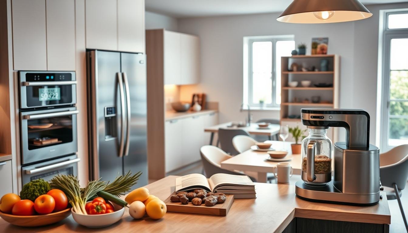 A modern kitchen featuring smart appliances, showcasing a variety of state-of-the-art kitchen gadgets like a sleek smart refrigerator, a high-tech oven, and an intelligent coffee maker. In the foreground, an organized countertop displays fresh ingredients and recipe books, highlighting the blend of technology and culinary creativity. The middle ground captures a stylish dining table set for a meal, surrounded by comfortable chairs. The background reveals a window with natural light streaming in, enhancing the overall atmosphere of innovation and warmth. The scene is illuminated softly with warm lighting, creating an inviting and efficient culinary environment, perfect for American shopping and service exploration. The mood is modern, clean, and sophisticated, reflecting the perfect harmony between technology and daily living.