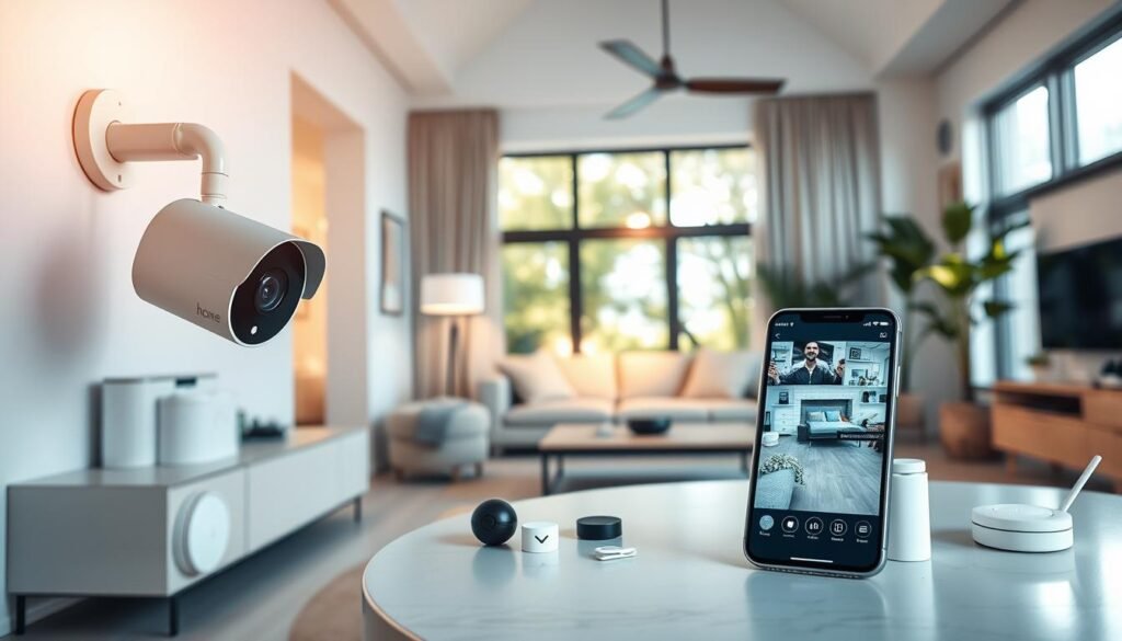 A modern, stylish home interior showcasing various smart home surveillance devices seamlessly integrated into the living space. In the foreground, feature a sleek security camera mounted on a wall, and a smartphone on a table displaying real-time footage. In the middle, display a cozy living area with smart sensors and gadgets strategically placed, reflecting a blend of technology and comfort. In the background, include large windows that invite warm, natural sunlight, creating an inviting atmosphere. The color palette should include soft whites, cool blues, and hints of greenery for a fresh look. Use soft, diffused lighting to enhance the mood of safety and innovation. The viewpoint should be a slightly elevated angle, offering a wider perspective of the room, emphasizing the integration of technology into daily living.