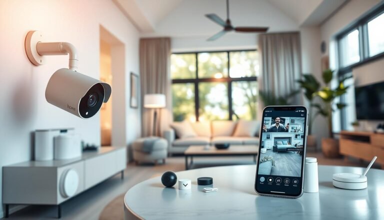 A modern, stylish home interior showcasing various smart home surveillance devices seamlessly integrated into the living space. In the foreground, feature a sleek security camera mounted on a wall, and a smartphone on a table displaying real-time footage. In the middle, display a cozy living area with smart sensors and gadgets strategically placed, reflecting a blend of technology and comfort. In the background, include large windows that invite warm, natural sunlight, creating an inviting atmosphere. The color palette should include soft whites, cool blues, and hints of greenery for a fresh look. Use soft, diffused lighting to enhance the mood of safety and innovation. The viewpoint should be a slightly elevated angle, offering a wider perspective of the room, emphasizing the integration of technology into daily living.