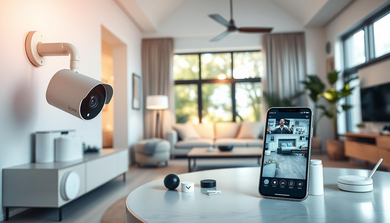 A modern, stylish home interior showcasing various smart home surveillance devices seamlessly integrated into the living space. In the foreground, feature a sleek security camera mounted on a wall, and a smartphone on a table displaying real-time footage. In the middle, display a cozy living area with smart sensors and gadgets strategically placed, reflecting a blend of technology and comfort. In the background, include large windows that invite warm, natural sunlight, creating an inviting atmosphere. The color palette should include soft whites, cool blues, and hints of greenery for a fresh look. Use soft, diffused lighting to enhance the mood of safety and innovation. The viewpoint should be a slightly elevated angle, offering a wider perspective of the room, emphasizing the integration of technology into daily living.