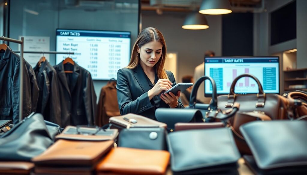 A professional setting showcasing the challenges of purchasing leather goods from the United States. In the foreground, a neatly arranged display of various leather products, including jackets, handbags, and wallets, highlighting their craftsmanship. The middle ground features a businesswoman dressed in a smart casual outfit, examining the leather items, with a thoughtful expression, symbolizing the role of a personal shopper. In the background, an office environment with a blurred image of customs documents and a computer screen displaying tariff rates. The lighting is soft and warm, creating an inviting atmosphere. Use a slightly elevated angle to capture the scene effectively, ensuring a focus on the products and the shopper's engagement. The overall mood is professional and informative, aimed at reflecting the complexities of international purchasing.