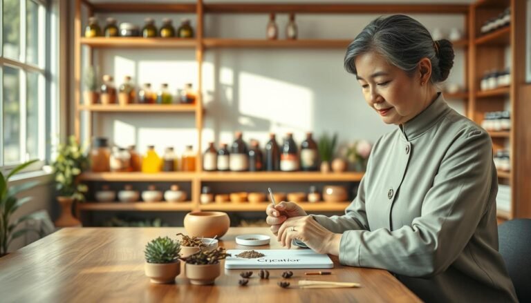 A serene and warm clinic setting showcasing a traditional Chinese medicine practitioner examining a patient. The foreground features a middle-aged female practitioner dressed in a modest, professional outfit, skillfully analyzing a sample on a wooden table surrounded by herbs and acupuncture needles. In the middle, a softly lit herbal display highlights various traditional remedies used for gynecological health. The background reveals shelves filled with medicinal jars, depicting a calming atmosphere of holistic healing. Natural sunlight filters through a window, casting gentle shadows and creating an inviting ambiance. The mood is one of trust, professionalism, and healing, emphasizing the practitioner’s understanding of women's health issues.