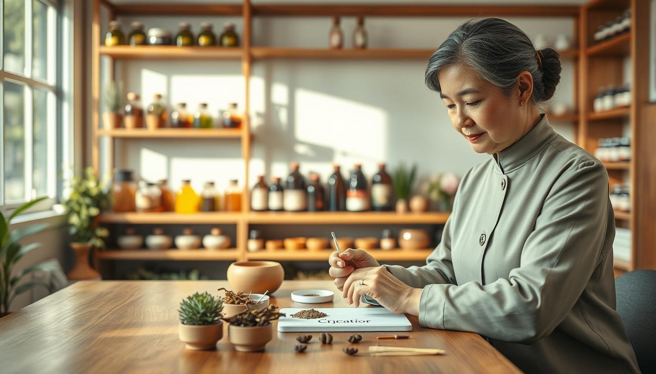 A serene and warm clinic setting showcasing a traditional Chinese medicine practitioner examining a patient. The foreground features a middle-aged female practitioner dressed in a modest, professional outfit, skillfully analyzing a sample on a wooden table surrounded by herbs and acupuncture needles. In the middle, a softly lit herbal display highlights various traditional remedies used for gynecological health. The background reveals shelves filled with medicinal jars, depicting a calming atmosphere of holistic healing. Natural sunlight filters through a window, casting gentle shadows and creating an inviting ambiance. The mood is one of trust, professionalism, and healing, emphasizing the practitioner’s understanding of women's health issues.