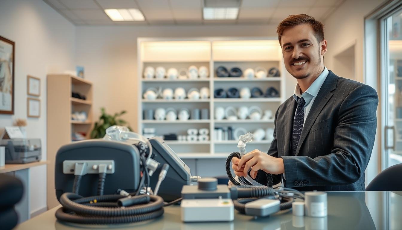 A serene and well-equipped CPAP service center, showcasing a clean and professional environment. In the foreground, a smiling technician in business attire is carefully inspecting a CPAP machine and its accessories, demonstrating a maintenance check. In the middle, neatly organized shelves display various CPAP masks, hoses, and filters, emphasizing the importance of accessory replacement. The background features a bright and inviting reception area with soft, natural lighting, creating a welcoming atmosphere. The image should convey a sense of care, professionalism, and attention to detail, reflecting high-quality service. The scene is framed at eye-level to invite viewers into the experience, with a shallow depth of field to focus on the technician's work.