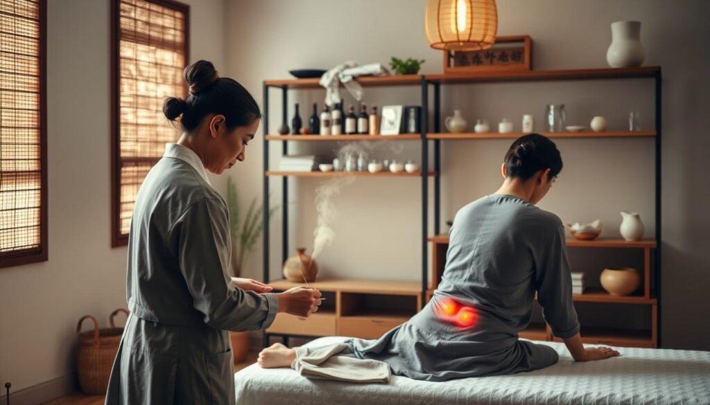 A tranquil traditional Chinese medicine clinic set in Sha Tin, featuring a serene treatment room. In the foreground, a practitioner, dressed in modest professional attire, is skillfully applying moxibustion on a patient’s lower back, gently promoting healing for chronic lumbar and leg pain. The patient, also in modest clothing, appears relaxed and serene. In the middle ground, shelves lined with herbal remedies and acupuncture tools create a holistic ambiance. The background showcases soft, natural lighting filtering through bamboo window treatments, enhancing the calming atmosphere. The overall mood conveys a sense of comfort and trust, emphasizing the unique advantages of traditional Chinese therapies for pain relief.